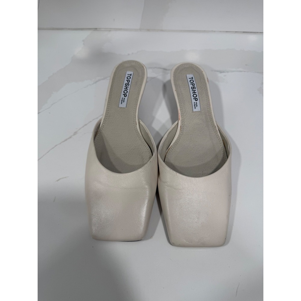 Topshop Womens Cream Leather Square Toe Kitten Heel Mules Sandals